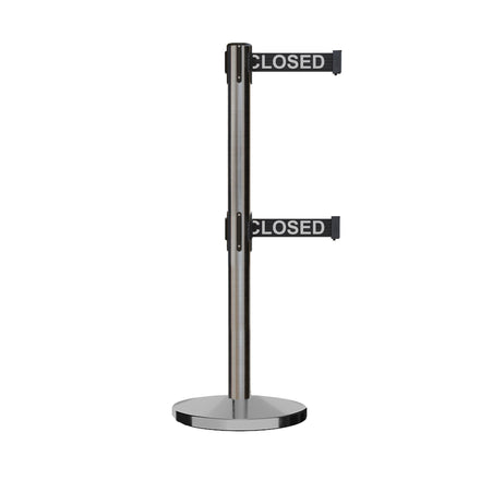 Retractable Dual Belt Barrier Stanchion, Cast Iron Base, Satin Stainless Steel Post, 7.5 ft Belt - Montour Line MI630D