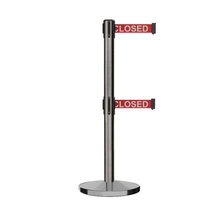 Retractable Dual Belt Barrier Stanchion, Cast Iron Base, Satin Stainless Steel Post, 7.5 ft Belt - Montour Line MI630D