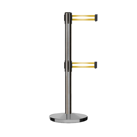 Retractable Dual Belt Barrier Stanchion, Cast Iron Base, Satin Stainless Steel Post, 11 ft Belt - Montour Line MI630D