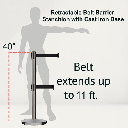 Retractable Dual Belt Barrier Stanchion, Cast Iron Base, Satin Stainless Steel Post, 11 ft Belt - Montour Line MI630D