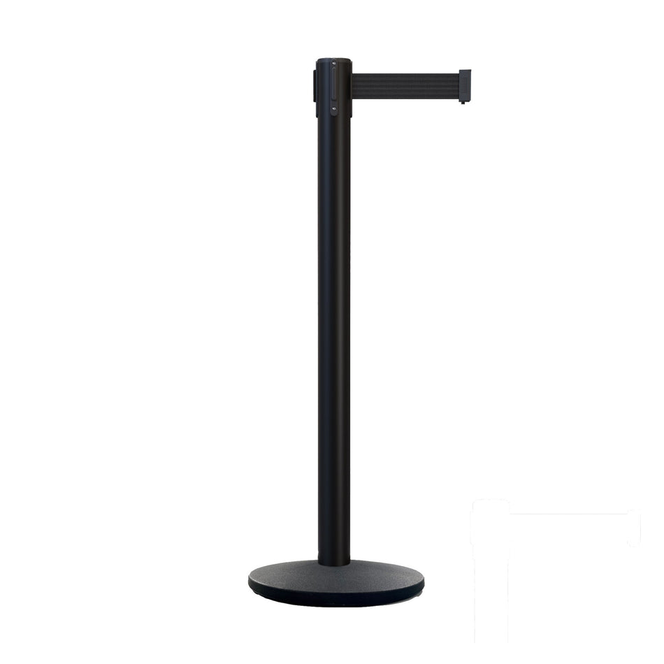 Retractable Belt Barrier Stanchion, Black Post with Heavy Duty Cast Iron Base, 14 ft Belt – Montour Line MI650