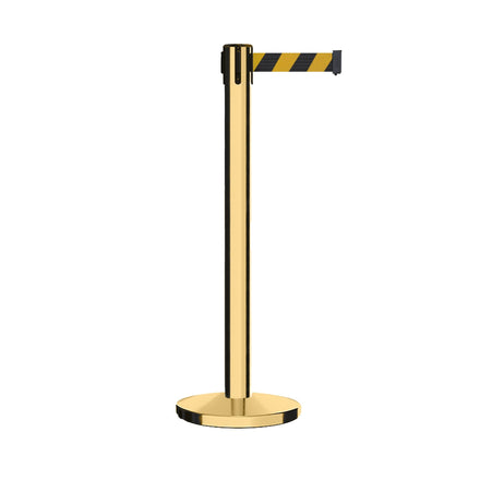 Retractable Belt Barrier Stanchion, Polished Brass Post with Heavy Duty Cast Iron Base, 14 ft Belt – Montour Line MI650
