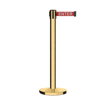 Retractable Belt Barrier Stanchion, Polished Brass Post with Heavy Duty Cast Iron Base, 16 ft Belt – Montour Line MI650