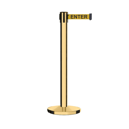Retractable Belt Barrier Stanchion, Polished Brass Post with Heavy Duty Cast Iron Base, 16 ft Belt – Montour Line MI650