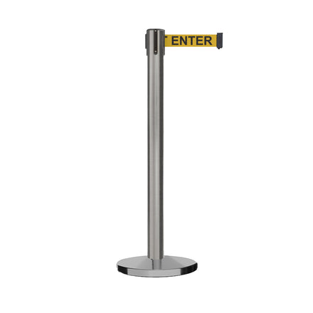 Retractable Belt Barrier Stanchion, Satin Stainless Steel Post with Heavy Duty Cast Iron Base, 16 ft Belt – Montour Line MI650