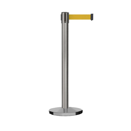 Retractable Belt Barrier Stanchion, Polished Brass Post with Heavy Duty Cast Iron Base, 16 ft Belt – Montour Line MI650