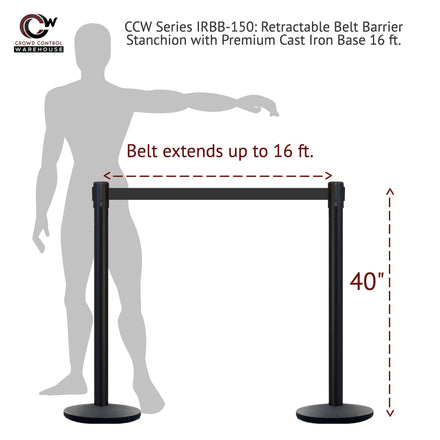 Retractable Belt Barrier Stanchion, Polished Stainless Steel Post with Heavy Duty Cast Iron Base, 16 ft Belt – Montour Line MI650