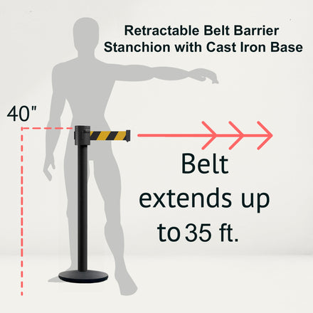 Retractable Belt Barrier Stanchion, Cast Iron Base Base, Black Powder Coated Post, 35 ft Belt - Montour Line MI760