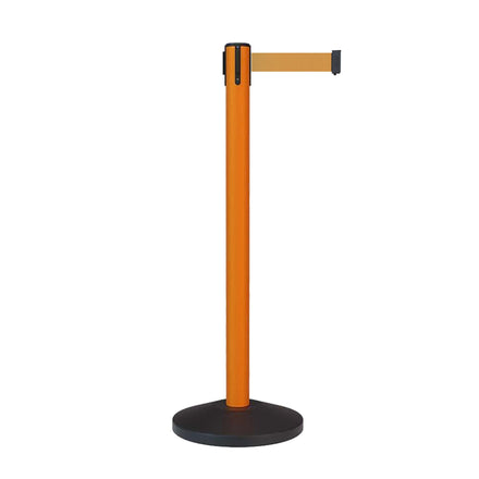 Retractable Belt Barrier Stanchion, Sloped Base, Orange Post, 11 ft Belt - Montour Line MS630