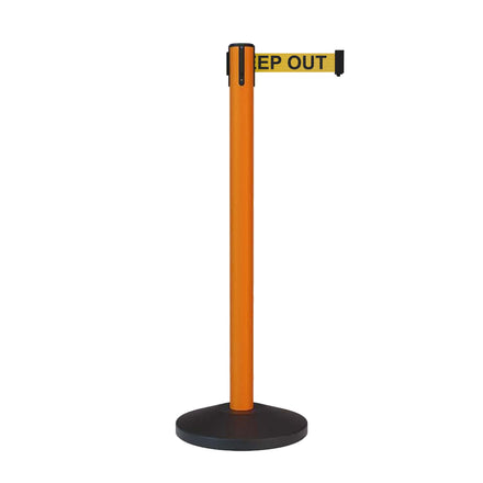 Retractable Belt Barrier Stanchion, Sloped Base, Orange Post, 9 ft Belt - Montour Line MS630