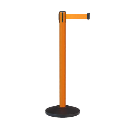 Retractable Belt Barrier Stanchion, Sloped Base, Orange Post, 11 ft Belt - Montour Line MS630