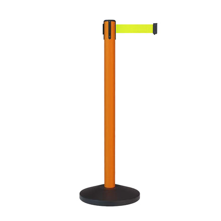 Retractable Belt Barrier Stanchion, Sloped Base, Orange Post, 9 ft Belt - Montour Line MS630