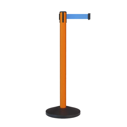 Retractable Belt Barrier Stanchion, Sloped Base, Orange Post, 11 ft Belt - Montour Line MS630
