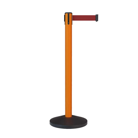 Retractable Belt Barrier Stanchion, Sloped Base, Orange Post, 9 ft Belt - Montour Line MS630