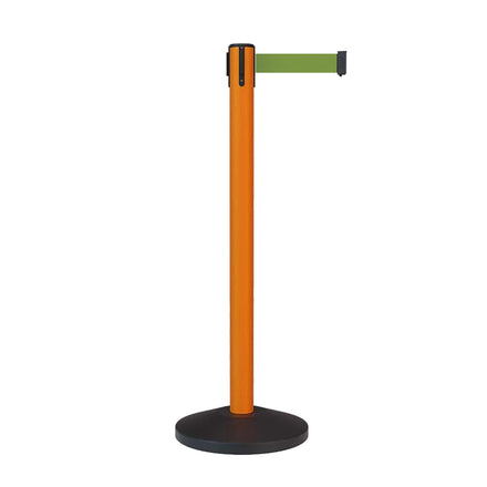 Retractable Belt Barrier Stanchion, Sloped Base, Orange Post, 11 ft Belt - Montour Line MS630