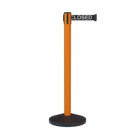 Retractable Belt Barrier Stanchion, Sloped Base, Orange Post, 11 ft Belt - Montour Line MS630