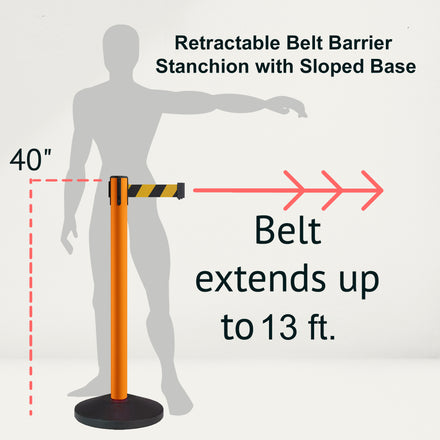 Retractable Belt Barrier Stanchion, Sloped Base, Orange Post, 13 ft Belt - Montour Line MS630