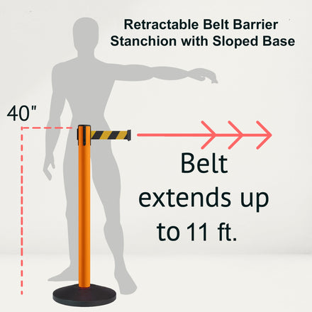 Retractable Belt Barrier Stanchion, Sloped Base, Orange Post, 11 ft Belt - Montour Line MS630