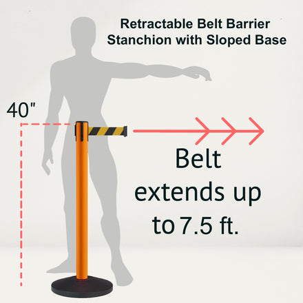 Retractable Belt Barrier Stanchion, Sloped Base, Orange Post, 7.5 ft Belt - Montour Line MS630