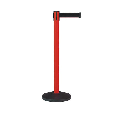 Retractable Belt Barrier Stanchion, Sloped Base, Red Post, 7.5 ft Belt - Montour Line MS630