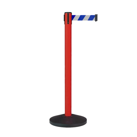 Retractable Belt Barrier Stanchion, Sloped Base, Red Post, 9 ft Belt - Montour Line MS630
