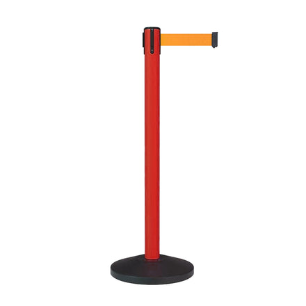 Retractable Belt Barrier Stanchion, Sloped Base, Red Post, 13 ft Belt - Montour Line MS630