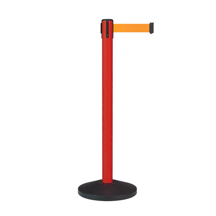 Retractable Belt Barrier Stanchion, Sloped Base, Red Post, 7.5 ft Belt - Montour Line MS630