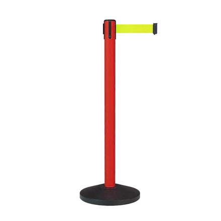Retractable Belt Barrier Stanchion, Sloped Base, Red Post, 9 ft Belt - Montour Line MS630