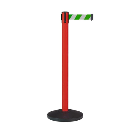 Retractable Belt Barrier Stanchion, Sloped Base, Red Post, 7.5 ft Belt - Montour Line MS630