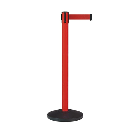 Retractable Belt Barrier Stanchion, Sloped Base, Red Post, 7.5 ft Belt - Montour Line MS630