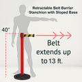 Retractable Belt Barrier Stanchion, Sloped Base, Red Post, 13 ft Belt - Montour Line MS630