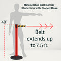 Retractable Belt Barrier Stanchion, Sloped Base, Red Post, 7.5 ft Belt - Montour Line MS630