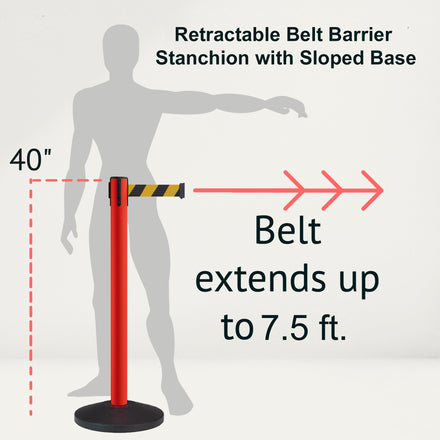 Retractable Belt Barrier Stanchion, Sloped Base, Red Post, 7.5 ft Belt - Montour Line MS630