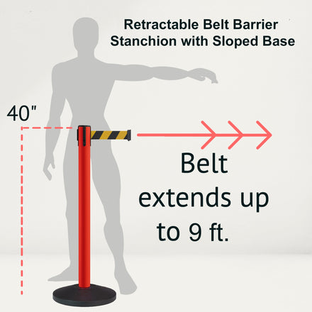 Retractable Belt Barrier Stanchion, Sloped Base, Red Post, 9 ft Belt - Montour Line MS630