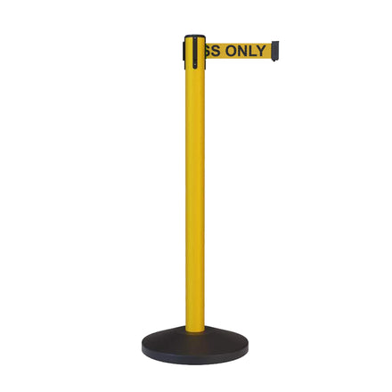CCW Series RBB-100 Retractable Belt Barrier Stanchion, Sloped Base, Yellow Post - 7.5 ft. Belt