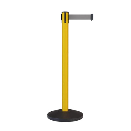 CCW Series RBB-100 Retractable Belt Barrier Stanchion, Sloped Base, Yellow Post - 11 ft. Belt