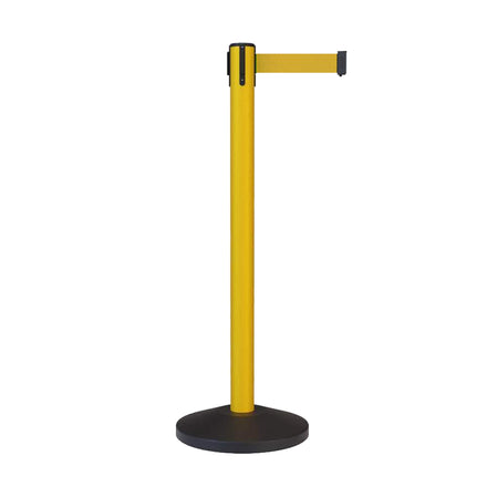 CCW Series RBB-100 Retractable Belt Barrier Stanchion, Sloped Base, Yellow Post - 9 ft. Belt