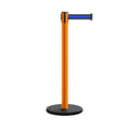 Retractable Belt Barrier Stanchion, Rolling Base, Orange Steel Post, 13 ft Belt - Montour Line MSE630