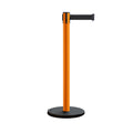 Retractable Belt Barrier Stanchion, Rolling Base, Orange Steel Post, 11 ft Belt - Montour Line MSE630