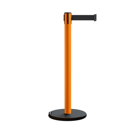 Retractable Belt Barrier Stanchion, Rolling Base, Orange Steel Post, 11 ft Belt - Montour Line MSE630