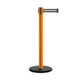 Retractable Belt Barrier Stanchion, Rolling Base, Orange Steel Post, 13 ft Belt - Montour Line MSE630