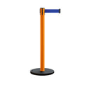 Retractable Belt Barrier Stanchion, Rolling Base, Orange Steel Post, 11 ft Belt - Montour Line MSE630