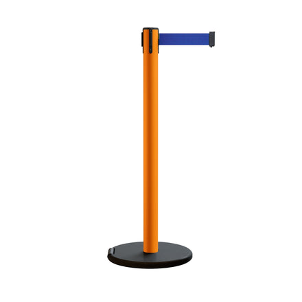 Retractable Belt Barrier Stanchion, Rolling Base, Orange Steel Post, 11 ft Belt - Montour Line MSE630