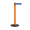 Retractable Belt Barrier Stanchion, Rolling Base, Orange Steel Post, 13 ft Belt - Montour Line MSE630