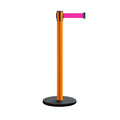 Retractable Belt Barrier Stanchion, Rolling Base, Orange Steel Post, 13 ft Belt - Montour Line MSE630