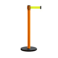 Retractable Belt Barrier Stanchion, Rolling Base, Orange Steel Post, 11 ft Belt - Montour Line MSE630