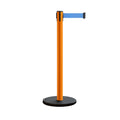 Retractable Belt Barrier Stanchion, Rolling Base, Orange Steel Post, 13 ft Belt - Montour Line MSE630