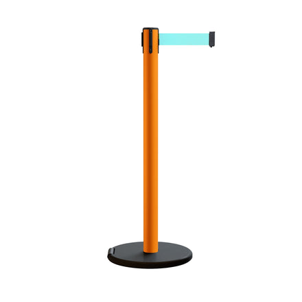 Retractable Belt Barrier Stanchion, Rolling Base, Orange Steel Post, 11 ft Belt - Montour Line MSE630
