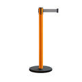 Retractable Belt Barrier Stanchion, Rolling Base, Orange Steel Post, 11 ft Belt - Montour Line MSE630