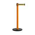 Retractable Belt Barrier Stanchion, Rolling Base, Orange Steel Post, 11 ft Belt - Montour Line MSE630